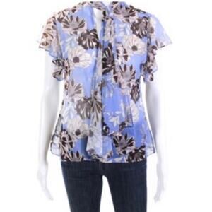 Alexis Women's Sz S Blue Floral Top Short Flutter Sleeve Button Front Sheer